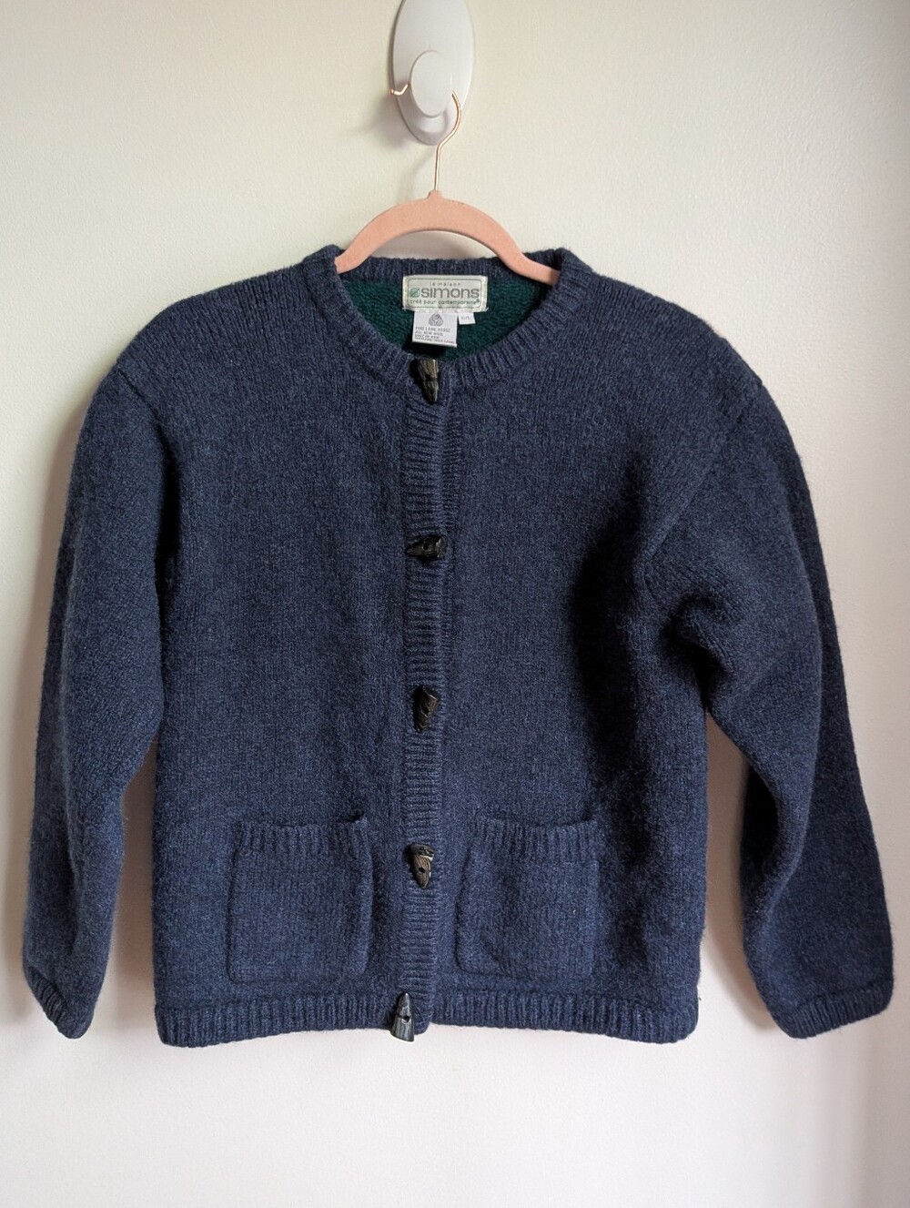 VINTAGE Navy Alpine Scene Cabin Dainty Knit Shetland Wool Cardigan Size Large - Picture 3 of 13